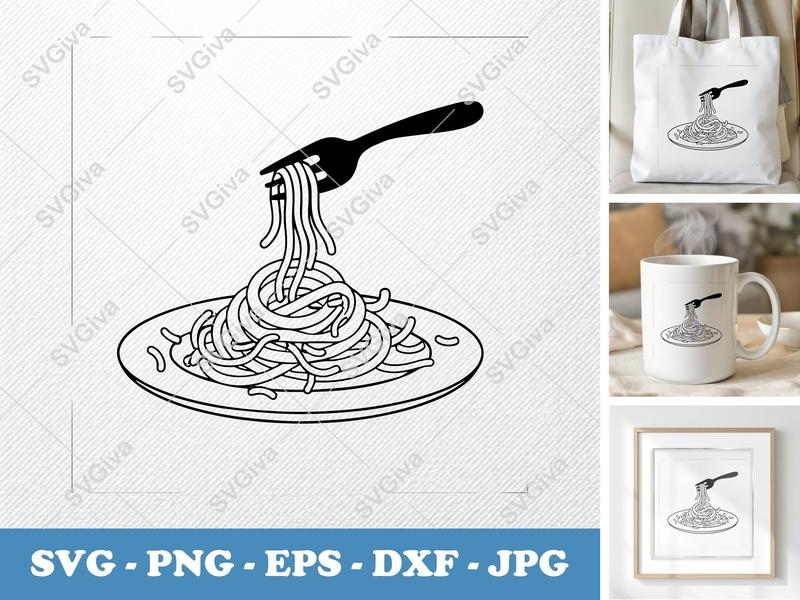Spaghetti SVG, Fork and Pasta Plate, Modern Food Clipart, PNG EPS DXF for Cricut Silhouette, Kitchen Vector Design