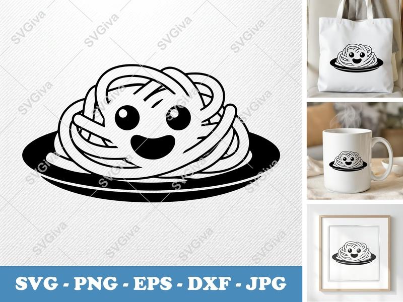 Spaghetti SVG, Kawaii Pasta on Plate, Foodie Cut File, PNG EPS DXF for Cricut, Silhouette, Cute Kitchen Decor