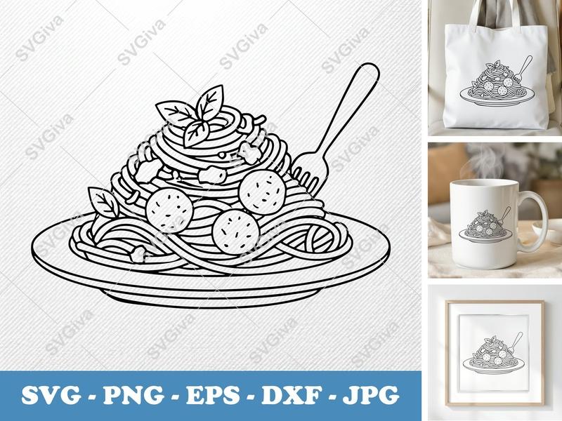 Spaghetti SVG, Meatballs Pasta Dish with Fork Cut File, Modern Kitchen Clipart, Food PNG EPS DXF for Cricut Silhouette