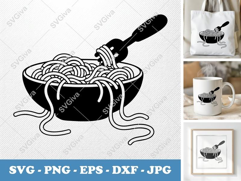 Spaghetti SVG, Modern Bowl with Fork Cut File, Pasta Foodie Clipart, PNG EPS DXF for Cricut Silhouette