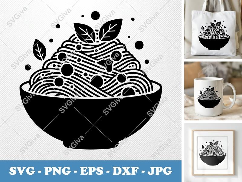Spaghetti SVG, Modern Clean Pasta Bowl with Leaves, Meatballs | PNG EPS DXF | Cricut Silhouette File, Kitchen Food Art
