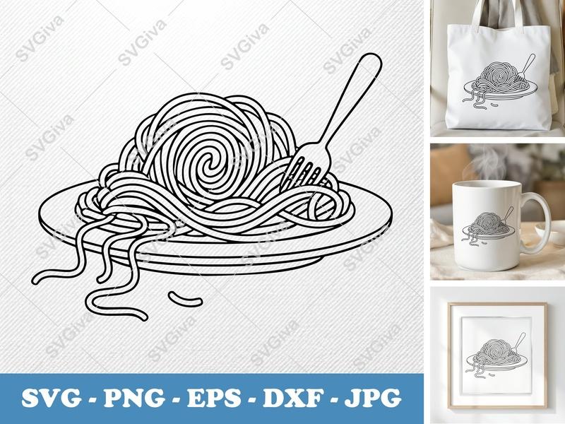 Spaghetti SVG, Modern Clean Pasta with Fork, Digital Download | PNG EPS DXF for Cricut, Silhouette, Kitchen Decor, Foodie Art