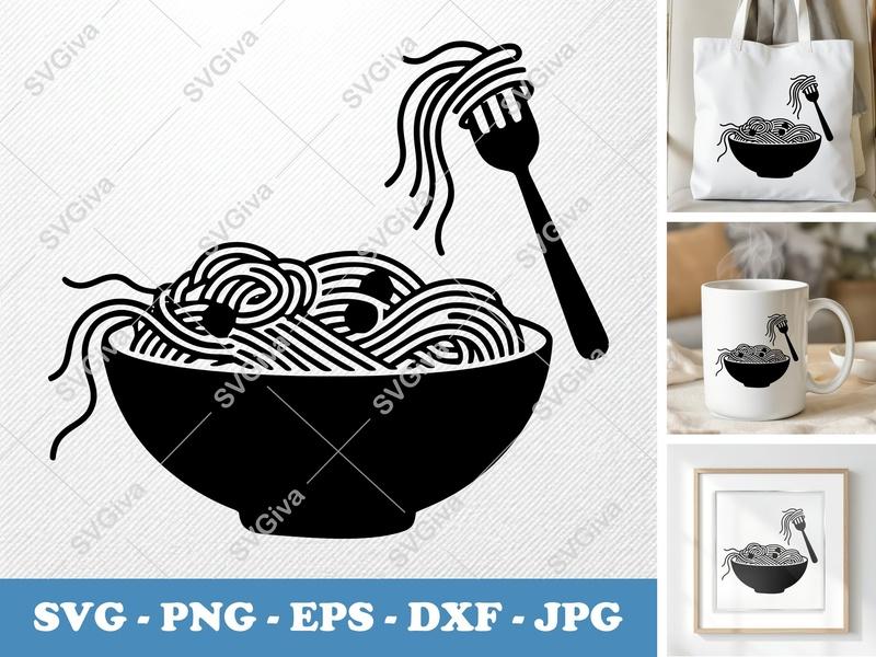 Spaghetti SVG, Modern Noodle Bowl with Fork, Foodie Cut File, PNG EPS DXF for Cricut & Silhouette