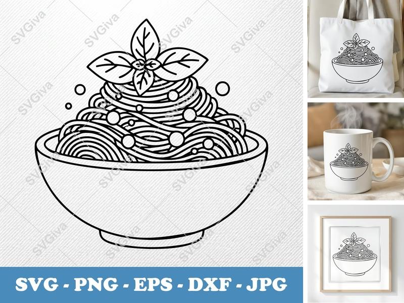 Spaghetti SVG | Modern Pasta Bowl with Basil, Meatballs | Kitchen Food Cut File for Cricut, Silhouette | PNG EPS DXF