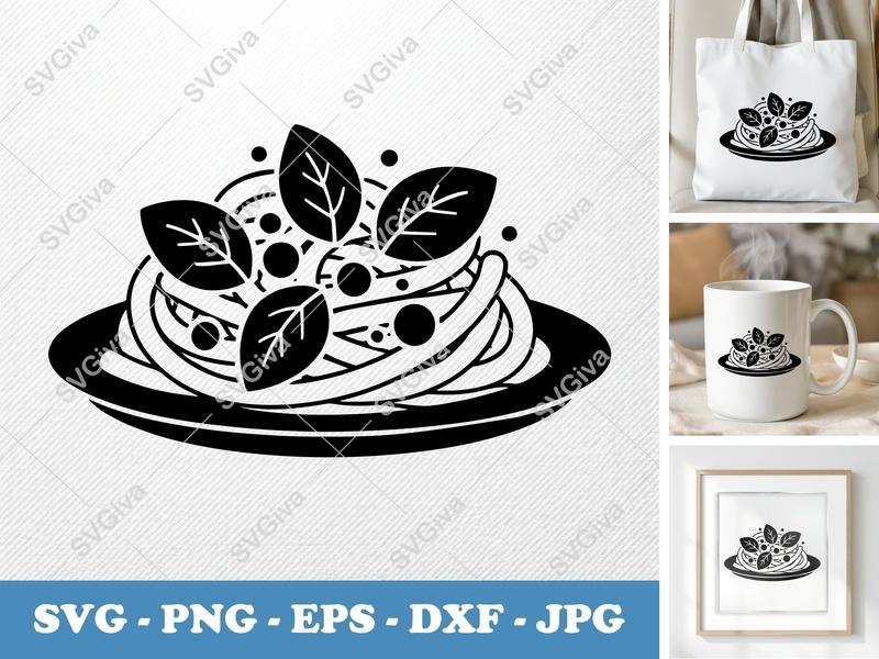 Spaghetti SVG, Modern Pasta with Basil Leaves, Food Icon, PNG EPS DXF, Cricut Silhouette Cut File