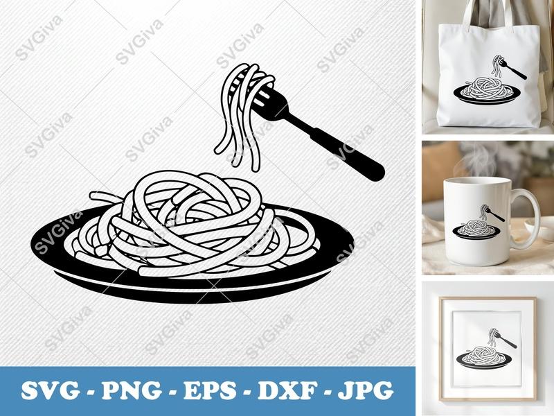 Spaghetti SVG, Plate and Fork, Modern Clean Design | PNG EPS DXF | Cricut Silhouette Cut File, Pasta Foodie Art