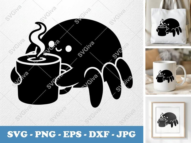 Spider Coffee SVG | Cute Spider with Coffee Mug PNG EPS DXF | Halloween Funny Spider Cut File for Cricut, Silhouette