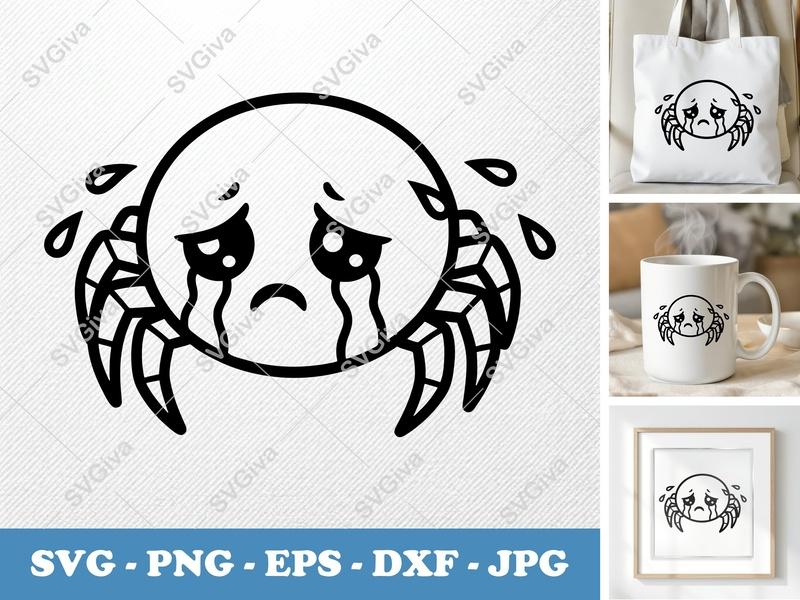 Spider Crying Emoticon SVG | Sad Spider PNG EPS DXF | Cute Halloween Cricut Cut File | Funny Insect Silhouette Vector