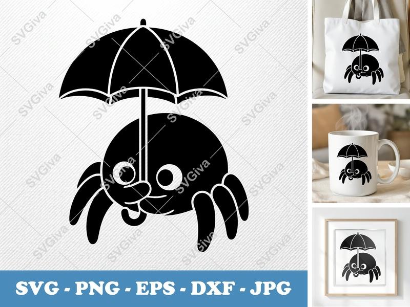 Spider Holding Umbrella SVG | Puffy Soft Shapes | Inflated Pillow-Soft Design PNG DXF EPS | Cricut Silhouette File