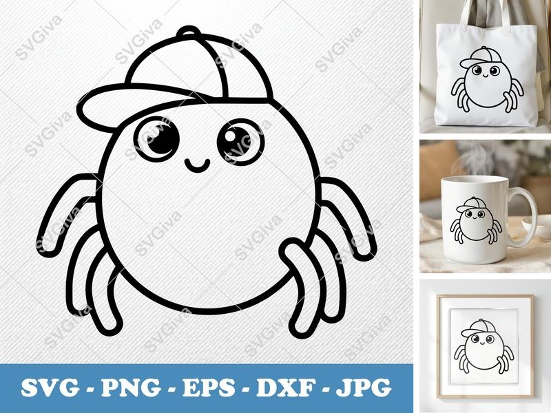 Spider in a Cap SVG PNG DXF EPS | Cricut Silhouette Cut File | Cute Bug Insect Outline