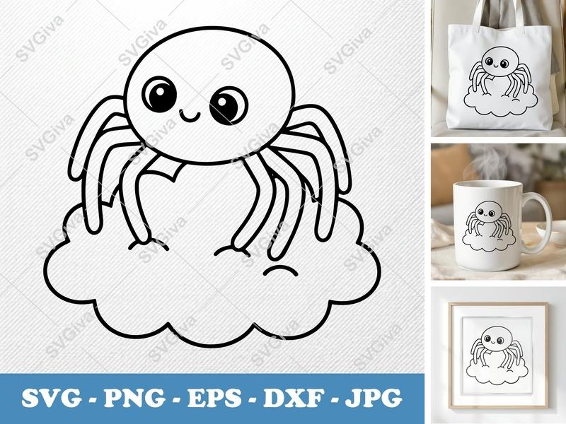 Spider Sitting on a Cloud SVG | Friendly Rounded Bean-Shaped Cut File | PNG DXF EPS | Cricut Silhouette