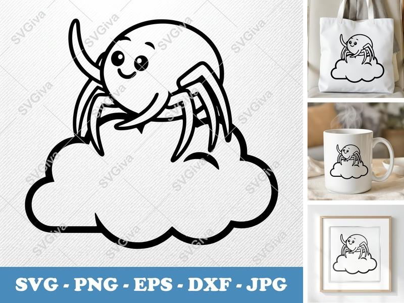 Spider Sitting on Cloud SVG | Bold Cartoon Cut File | Clean White Fill, Minimalist Design | PNG DXF EPS for Cricut Silhouette