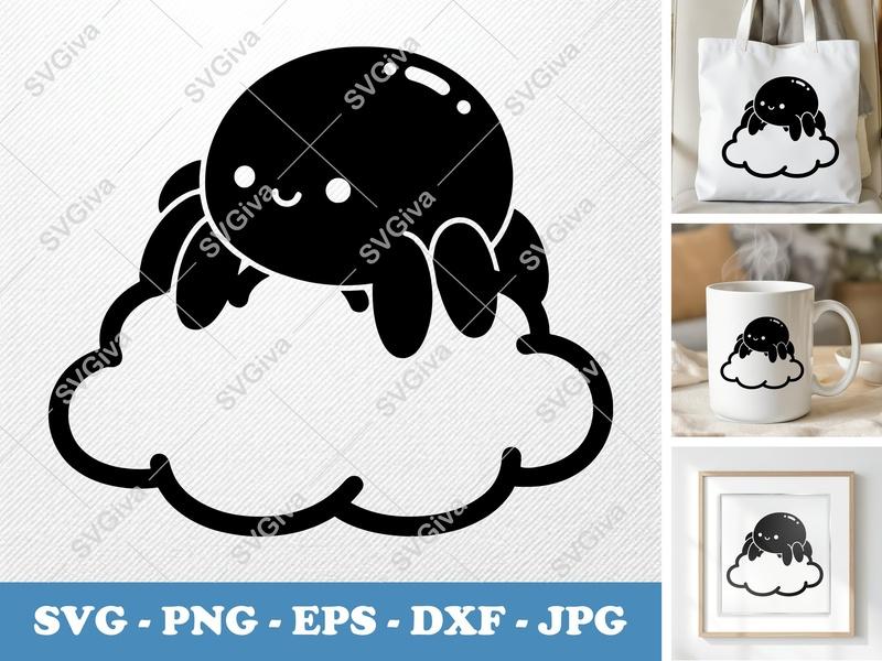 Spider Sitting on Cloud SVG | Puffy Cartoon Cut File, Inflated Shapes | PNG DXF EPS | Cricut Silhouette Ready
