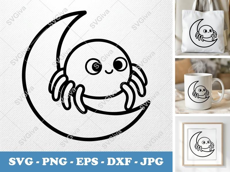Spider Sitting on Moon SVG | Friendly Rounded Bean-Shaped Cut File | PNG DXF EPS for Cricut Silhouette
