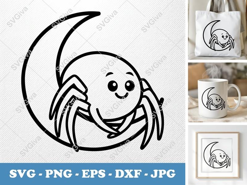 Spider Sitting on Moon SVG | Minimalist Cartoon Vector | Bold Black Outline, Clean White Fill | PNG DXF EPS | Cricut Silhouette File