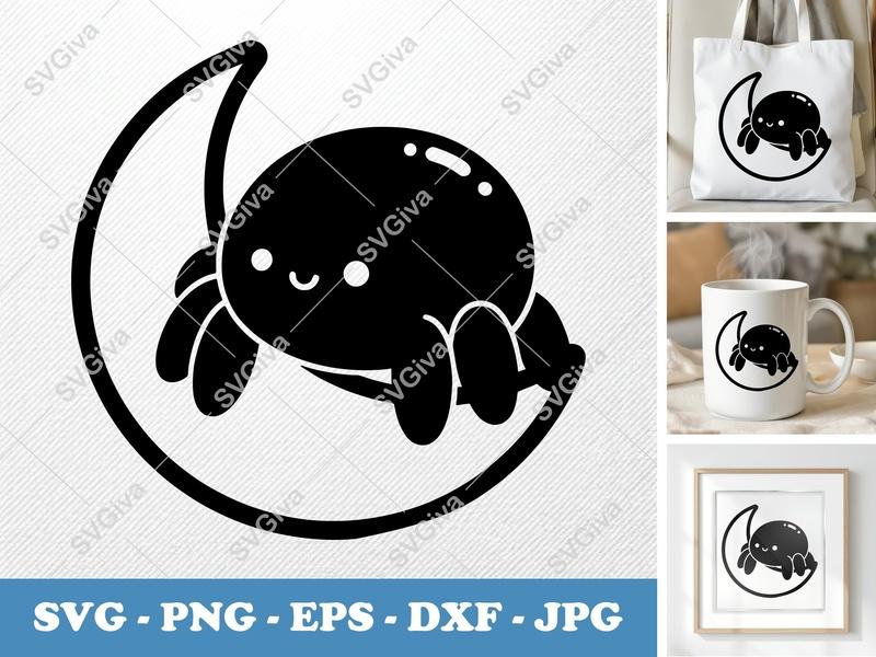 Spider Sitting on Moon SVG, Puffy Shapes, Pillow-Soft Forms, PNG DXF EPS, Cricut Silhouette Cut File
