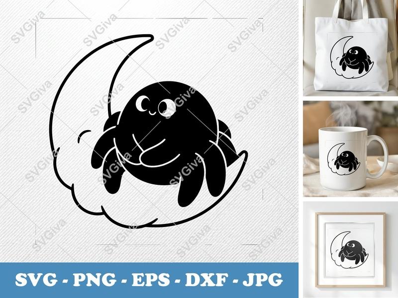 Spider Sitting on Moon SVG | Puffy Soft Forms | Kawaii Cute Design | PNG DXF EPS | Cricut Silhouette File