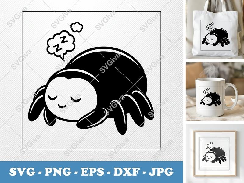 Spider Sleeping SVG PNG DXF EPS | Cute Cricut Silhouette Cut File | Soft Puffy Spider Vector Art