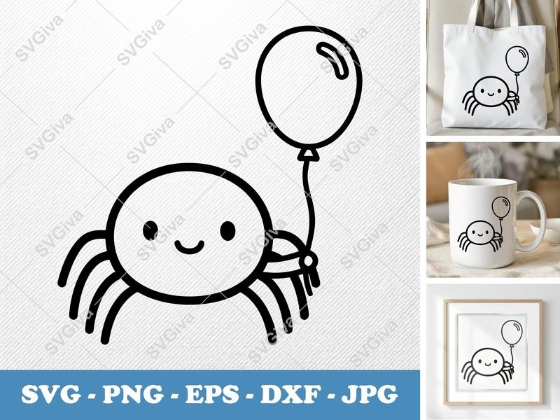 Spider SVG, Cute Balloon Spider Cut File, Modern Kawaii Design for Cricut & Silhouette | PNG EPS DXF Vector Clipart