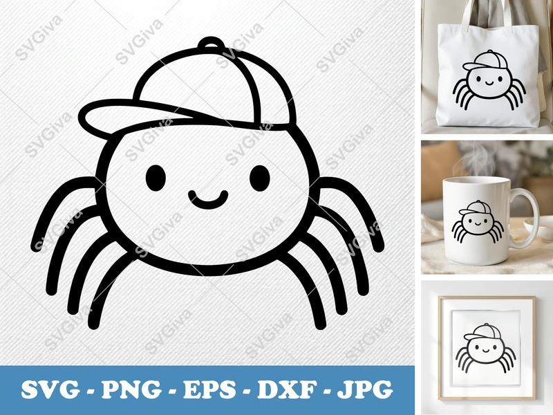 Spider SVG | Cute Cartoon Spider with Hat PNG EPS DXF | Cricut Silhouette File | Kawaii Spider Vector Art | Kids Craft Design