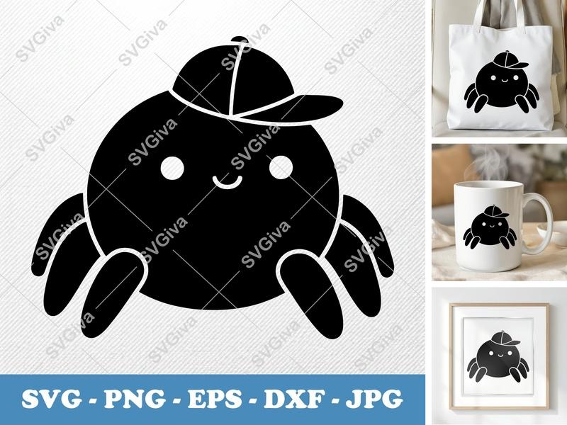 Spider SVG, Cute Cartoon Spider with Hat PNG EPS DXF, Kawaii Animal Cut File for Cricut, Silhouette, Halloween Decal Vector