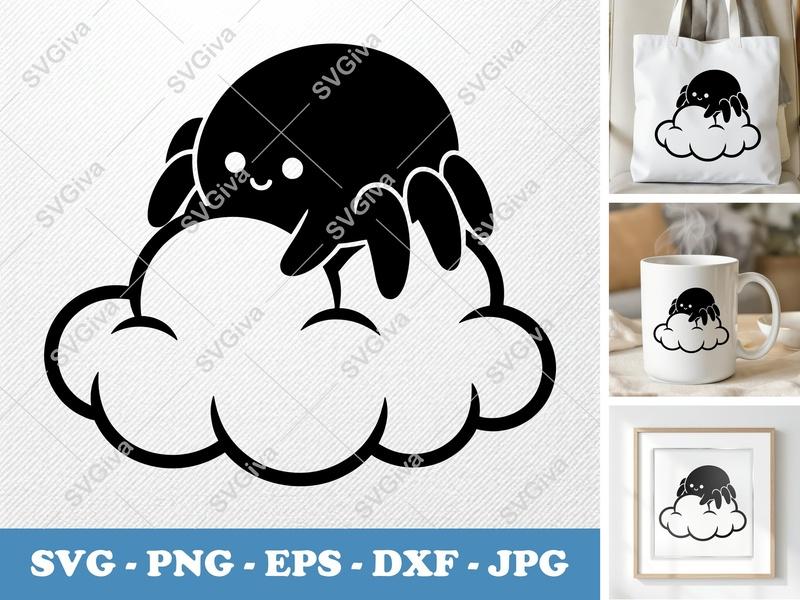 Spider SVG, Cute Happy Spider on Cloud Cut File, PNG EPS DXF, Cricut Silhouette Vector Art, Kawaii Spider Clipart