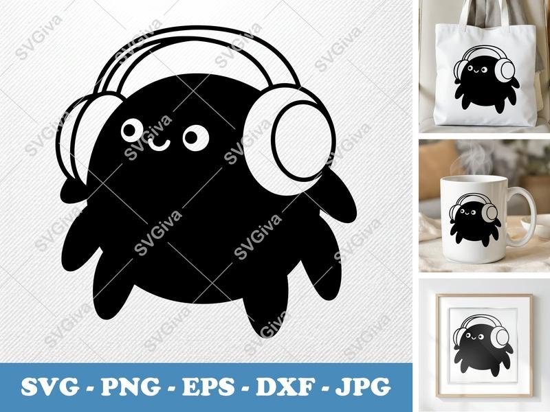 Spider SVG, Cute Headphones Music Lover Cut File, PNG EPS DXF for Cricut, Silhouette, Modern Vector Clipart Design