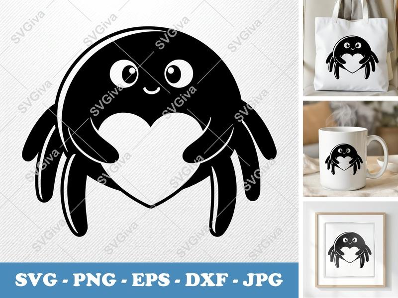 Spider SVG, Cute Heart Spider PNG EPS DXF, Kawaii Love Spider for Cricut, Silhouette, Halloween, Valentine, Digital Download