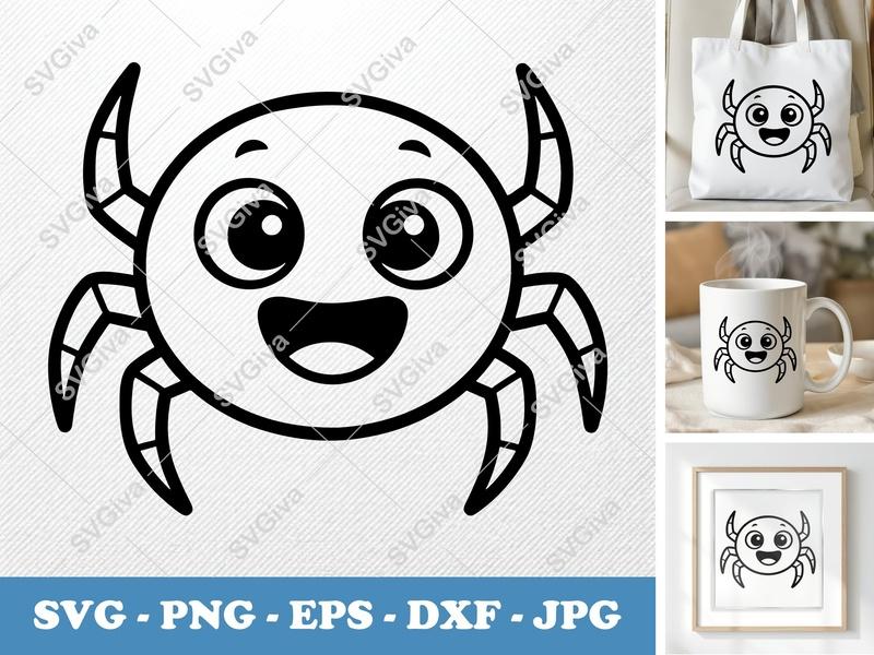 Spider SVG Cute Kawaii Happy Face | Cartoon Animal Cut File for Cricut, Silhouette | PNG EPS DXF Vector Clipart