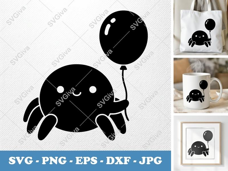 Spider SVG | Cute Kawaii Spider with Balloon | PNG EPS DXF | Cricut Silhouette Cut File | Halloween Party Decor