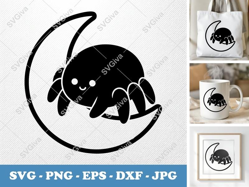 Spider SVG | Cute Moon Spider Cut File, PNG, EPS, DXF for Cricut & Silhouette, Halloween Spider Clipart, Kawaii Insect Vector