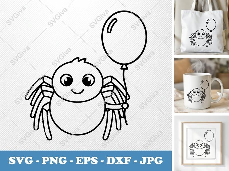 Spider SVG, Cute Spider with Balloon, Halloween Cut File for Cricut, Silhouette | PNG EPS DXF Vector Clipart