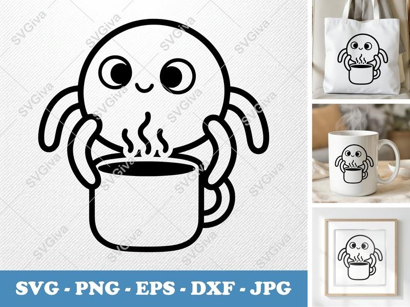 Spider SVG, Cute Spider with Coffee Mug PNG EPS DXF, Modern Spider Cut File for Cricut, Silhouette, Halloween Decal Vector