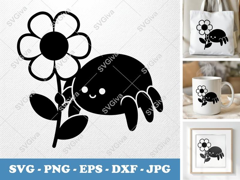 Spider SVG, Cute Spider with Flower PNG EPS DXF | Kawaii Animal Clip Art for Cricut, Silhouette, Crafting