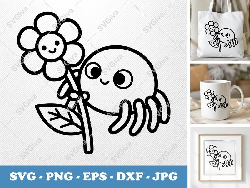 Spider SVG, Cute Spider with Flower PNG EPS DXF | Kawaii Animal Clip Art for Cricut, Silhouette, Digital Download