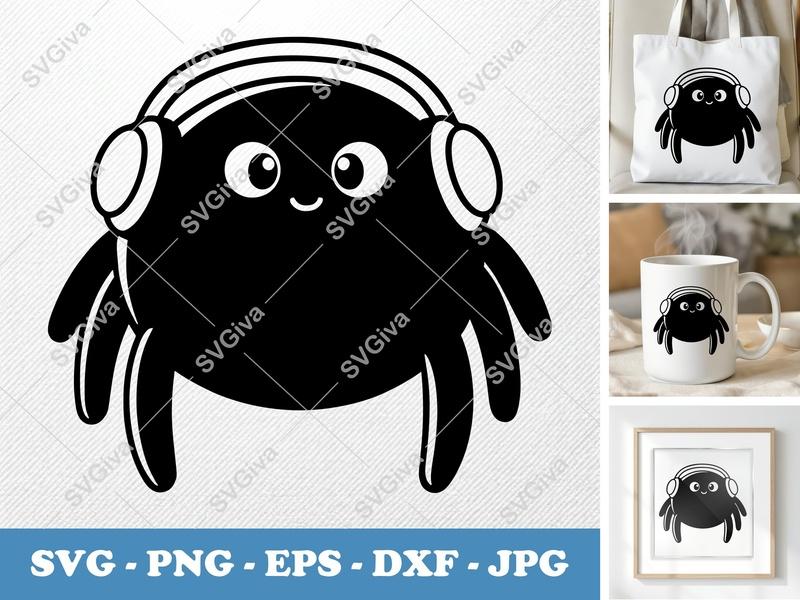 Spider SVG, Cute Spider with Headphones, Cartoon Bug PNG, EPS, DXF for Cricut, Silhouette, Halloween Decal, Music Lover Insect