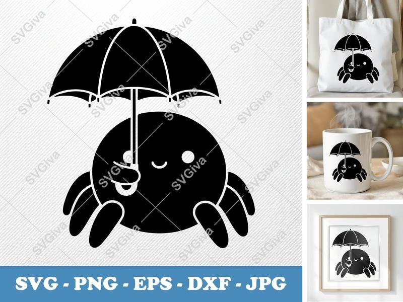 Spider SVG, Cute Umbrella Spider Cut File, PNG, EPS, DXF for Cricut & Silhouette, Kawaii Arachnid Clipart Vector