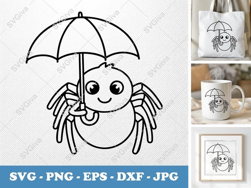 Spider SVG, Cute Umbrella Spider Cut File, PNG, EPS, DXF for Cricut & Silhouette, Kawaii Spider Clipart, Halloween Craft Design