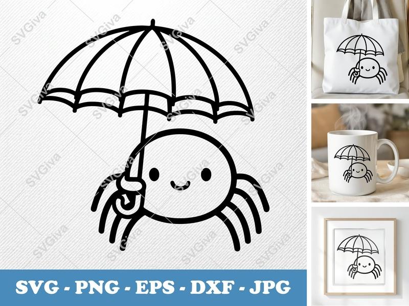 Spider SVG | Cute Umbrella Spider PNG EPS DXF | Halloween Cut File for Cricut, Silhouette | Kawaii Insect Clipart