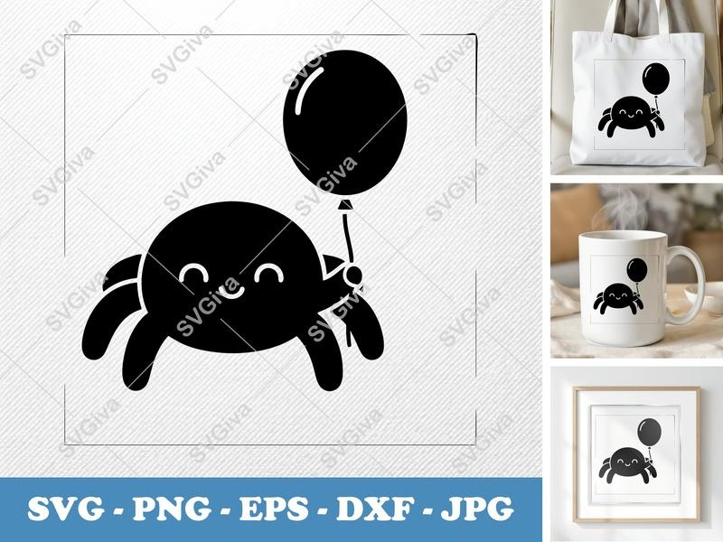 Spider with Balloon SVG, Cute Spider PNG, Halloween Animal EPS, Kids Craft DXF | Cricut Silhouette Cut File