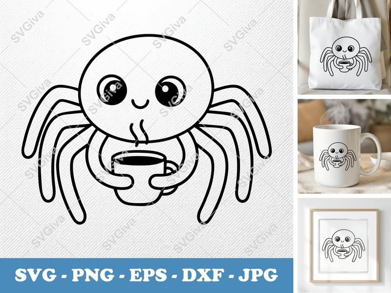 Spider with Coffee Cup SVG | Friendly Rounded Body Bean Art | PNG DXF EPS | Cricut Silhouette Cut File