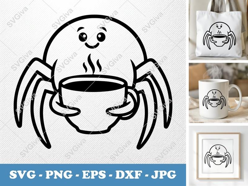 Spider with Coffee Cup SVG | Minimalist Cartoon Vector | Bold Outline, Clean Fill | PNG DXF EPS | Cricut Silhouette File