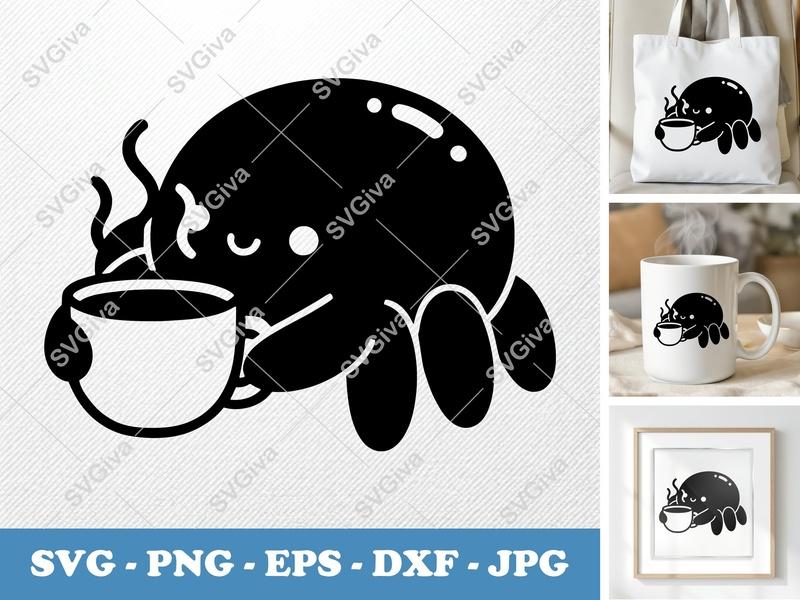 Spider with Coffee Cup SVG | Puffy Soft Forms PNG DXF EPS | Cricut Silhouette | Cute Inflated Animal Vector File