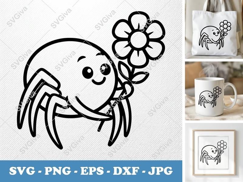 Spider with Flower SVG | Cute Cartoon Outline | Bold Black Contour, Clean White Fill | PNG DXF EPS | Cricut Silhouette Cut File
