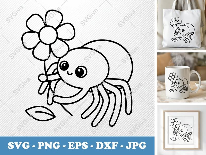 Spider with Flower SVG | Friendly Bean-Shaped Design | PNG DXF EPS | Cricut Silhouette File