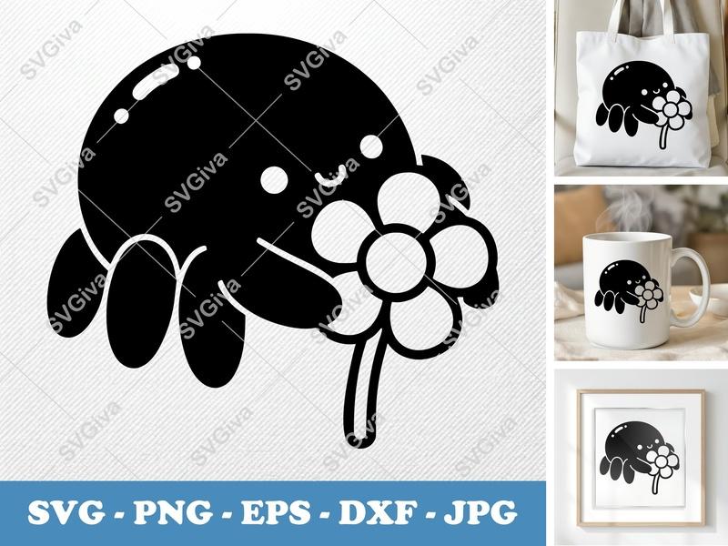 Spider with Flower SVG | Puffy Soft Shapes, Inflated Pillow Design | PNG DXF EPS | Cricut Silhouette Cut File