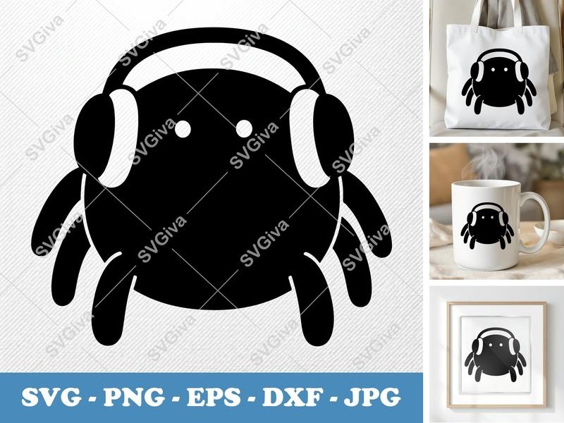 Spider with Headphones SVG, Cute Music DJ Arachnid Cut File for Cricut & Silhouette | PNG EPS DXF Vector Clipart