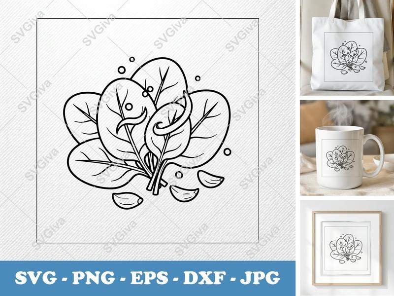 Spinach SVG Bundle, Modern Clean Leaf Design, Garlic Clipart, PNG EPS DXF for Cricut, Silhouette, Vegetable Cut File