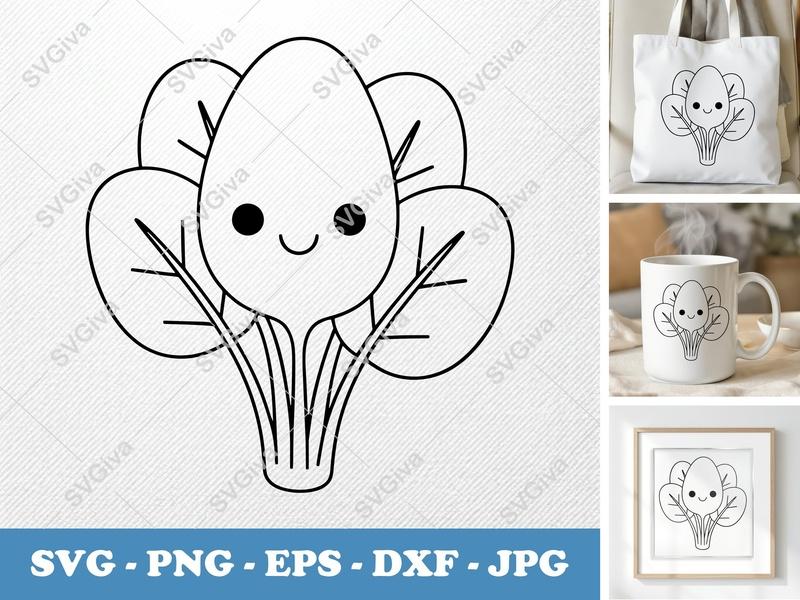 Spinach SVG | Cute Kawaii Vegetable Design PNG EPS DXF | Cricut Silhouette File | Modern Outline Art | Food Clip Art