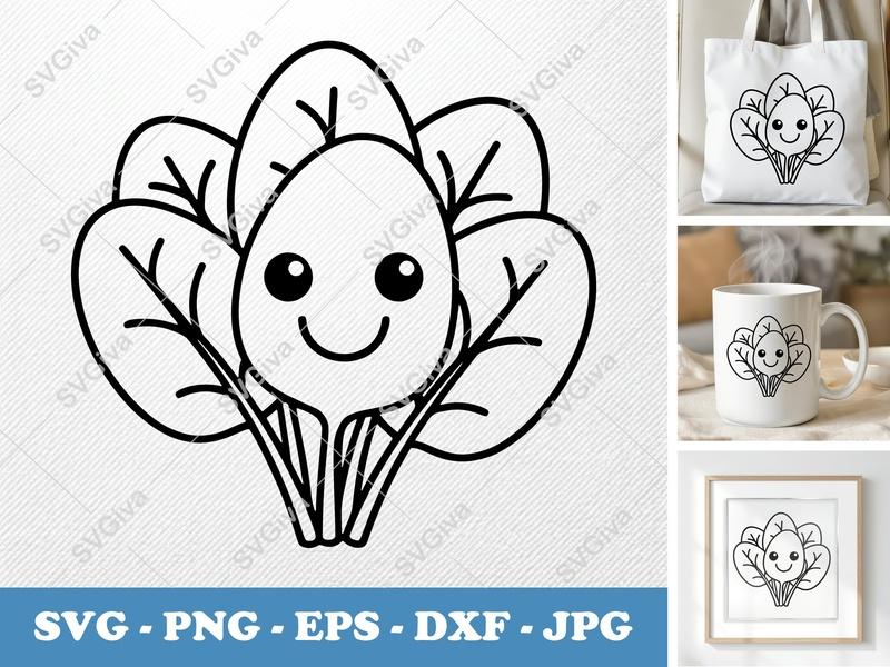 Spinach SVG Kawaii Cut File | Cute Leaf Design PNG EPS DXF for Cricut Silhouette | Vegetable Clipart Vector